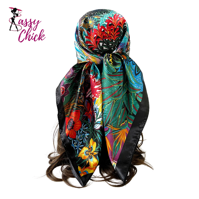 Luxury Square Silk Foulard 90*90cm Shawl Wrap Headband Sassy Chick Logo