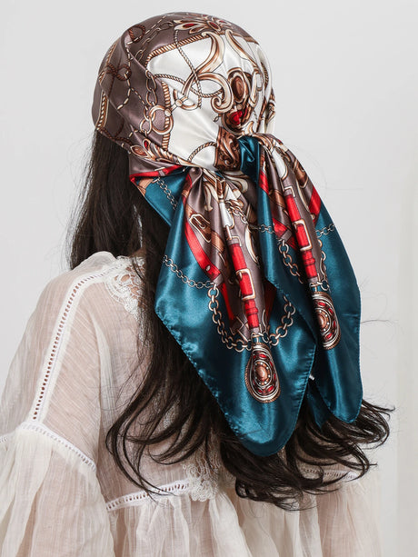 Blue Luxury Square Silk Hijab Shawls Scarves Foulard Bandana