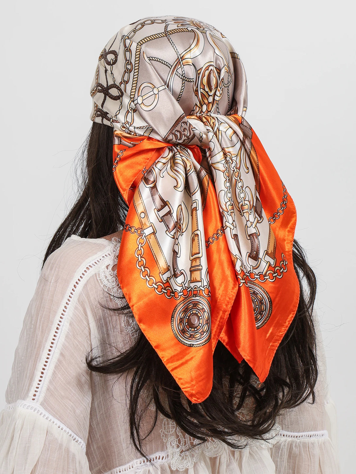 Orange Luxury Square Silk Hijab Shawls Scarves Foulard Bandana