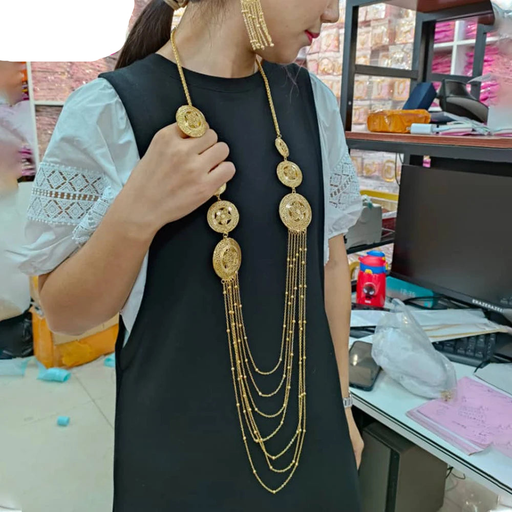 Model using Luxury Tassel Jewelry Set Gold-Tone Long Necklace