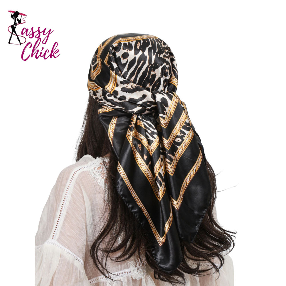 Luxury Women Head Scarf Square 90*90cm Silk Foulard Satin Bandana Sassy Chick Logo