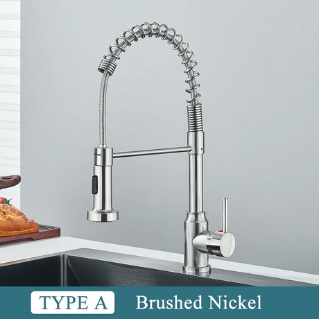 Matte black spring kitchen faucet with single handle and hot/cold water mixer
