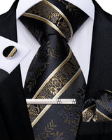 black gold floral pattern tie set