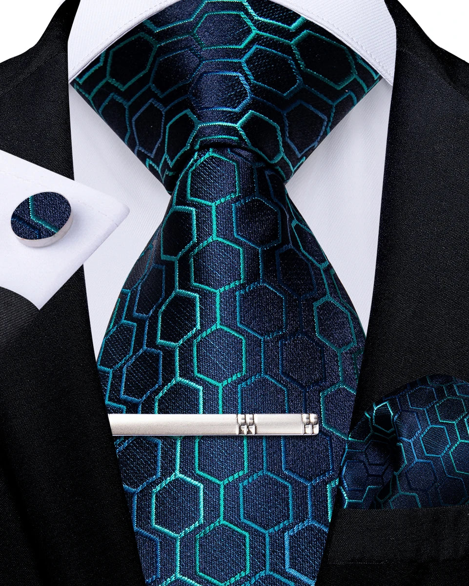 blue geometric pattern tie set