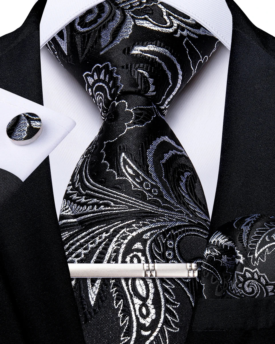 black white floral pattern tie set