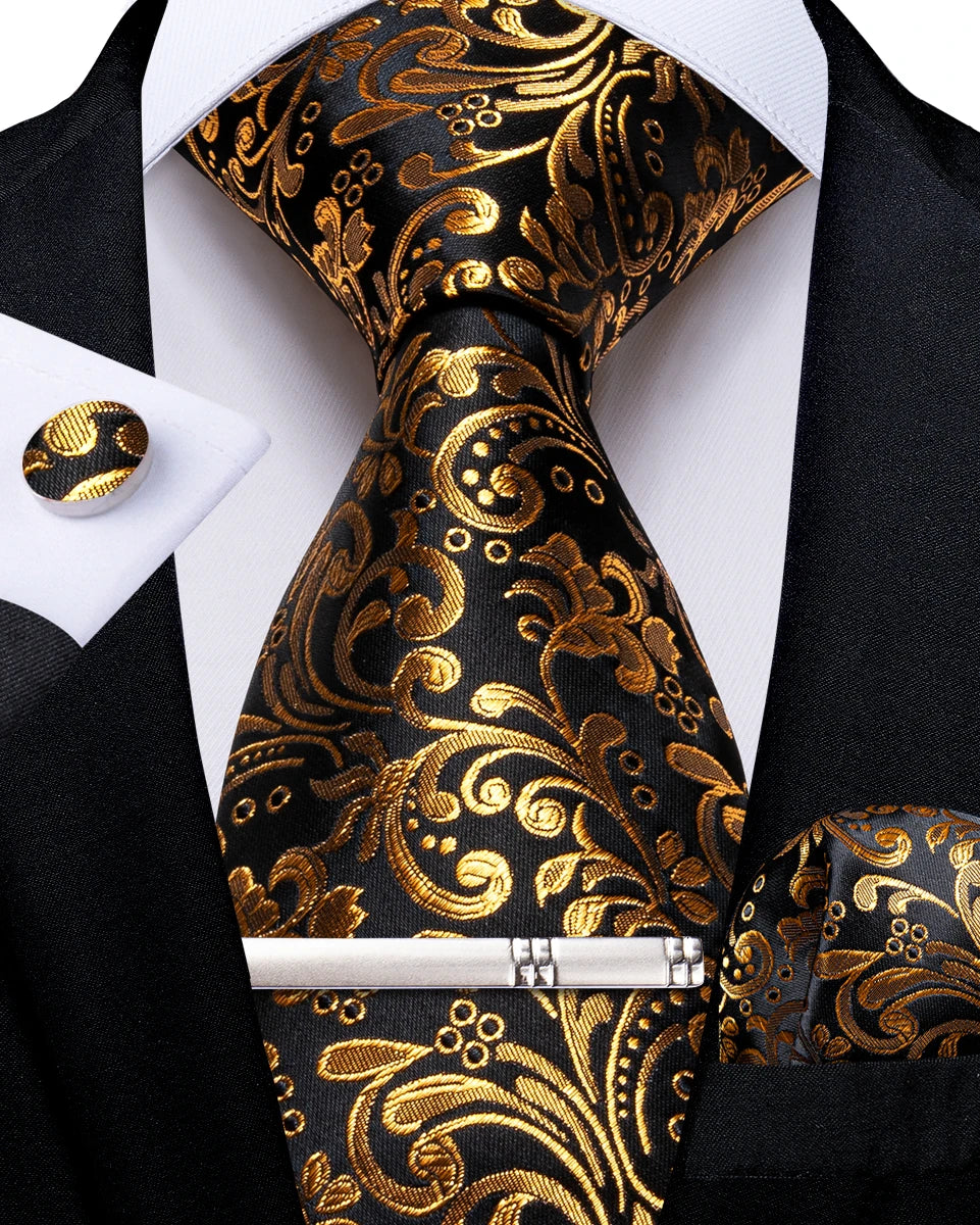 black gold floral pattern tie set