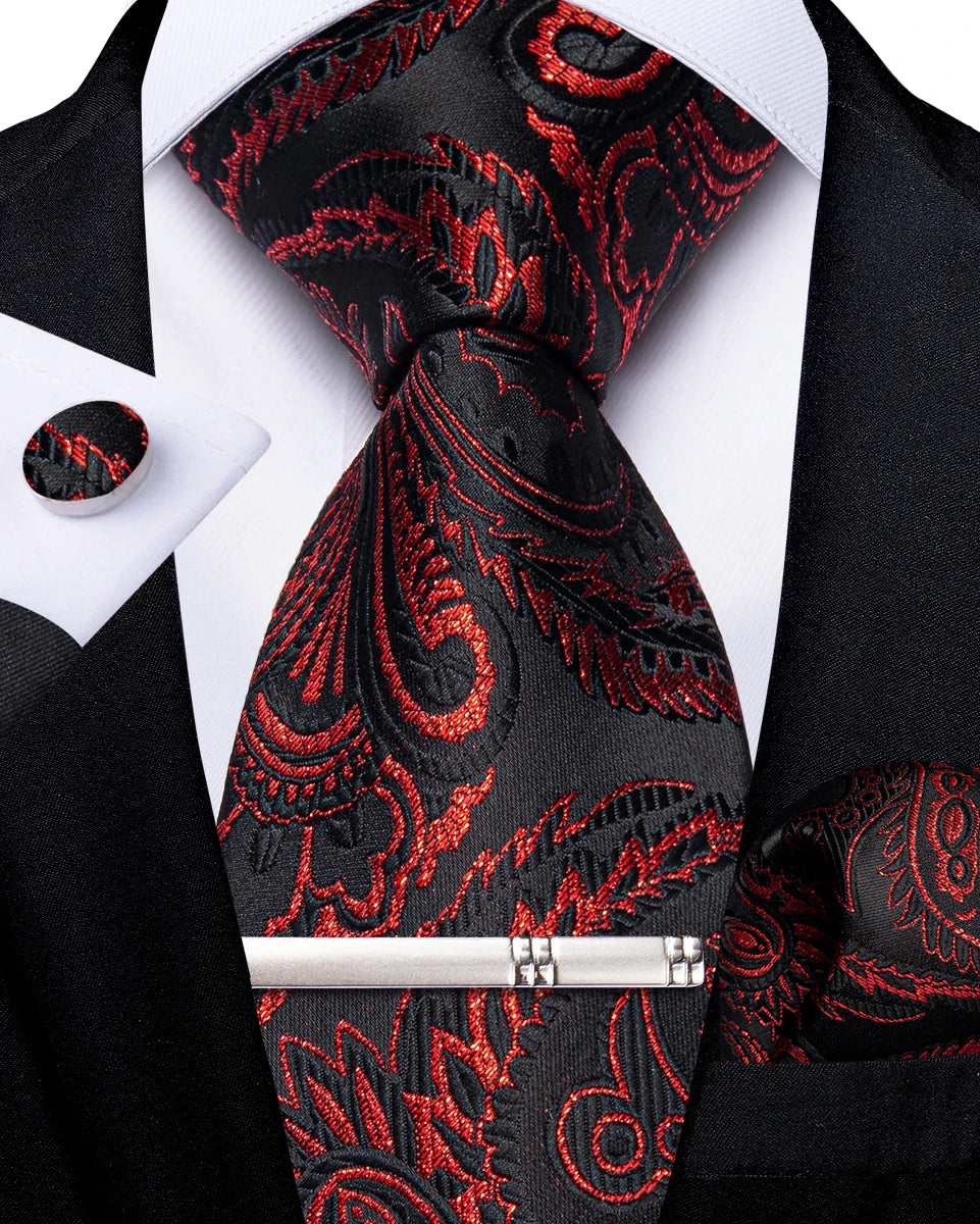 black red paisley tie set
