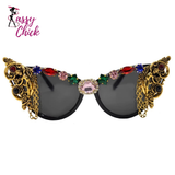 Metal Chain Vintage Cat Eye Rhinestone Sunglasses Sassy Chick Logo