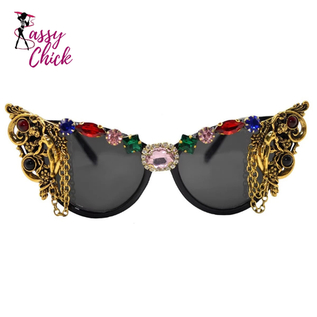 Metal Chain Vintage Cat Eye Rhinestone Sunglasses Sassy Chick Logo