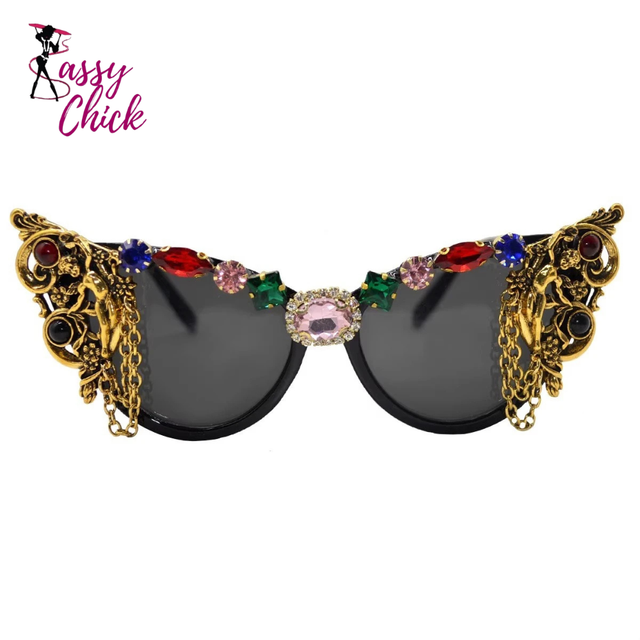 Metal Chain Vintage Cat Eye Rhinestone Sunglasses Sassy Chick Logo