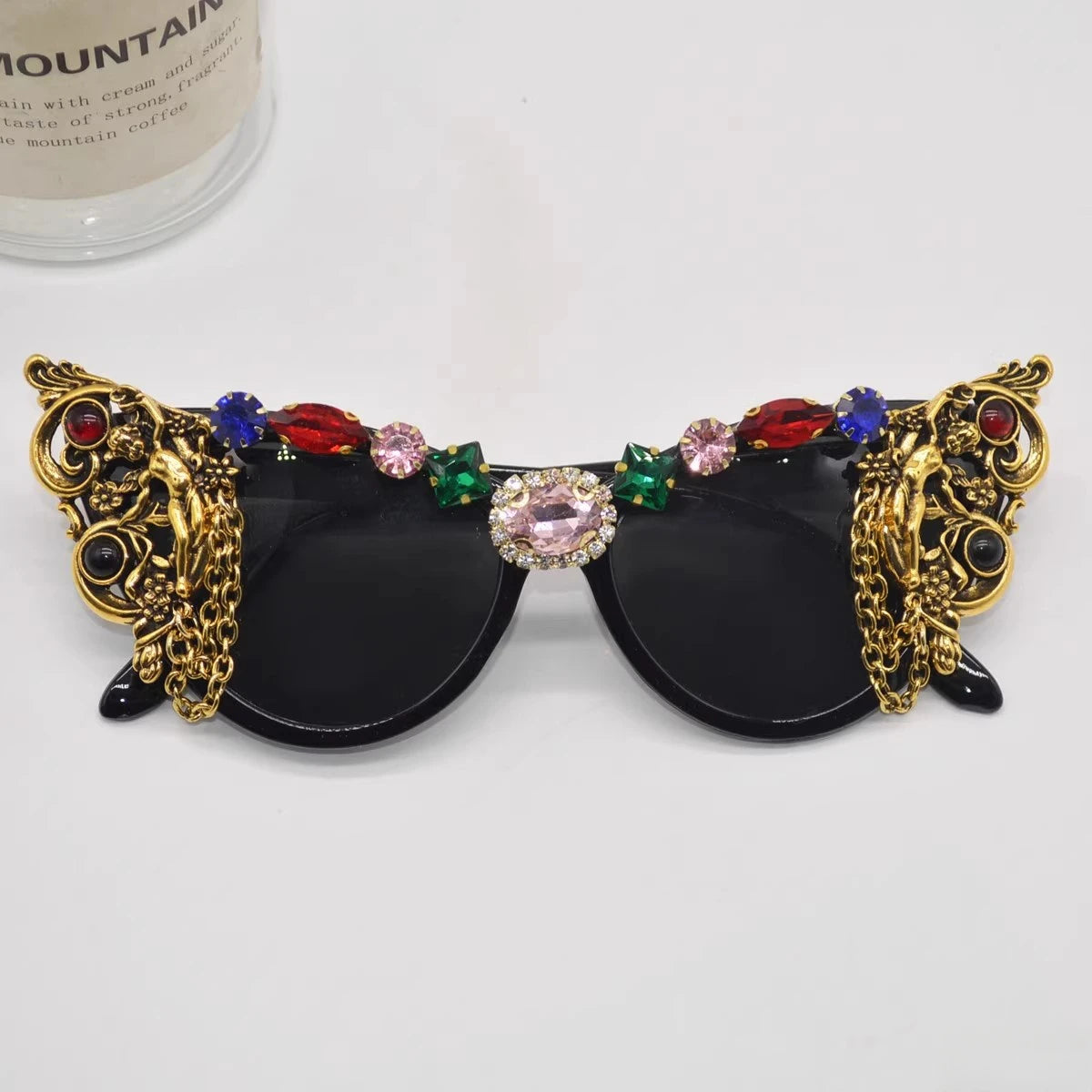 Metal Chain Vintage Cat Eye Rhinestone Sunglasses