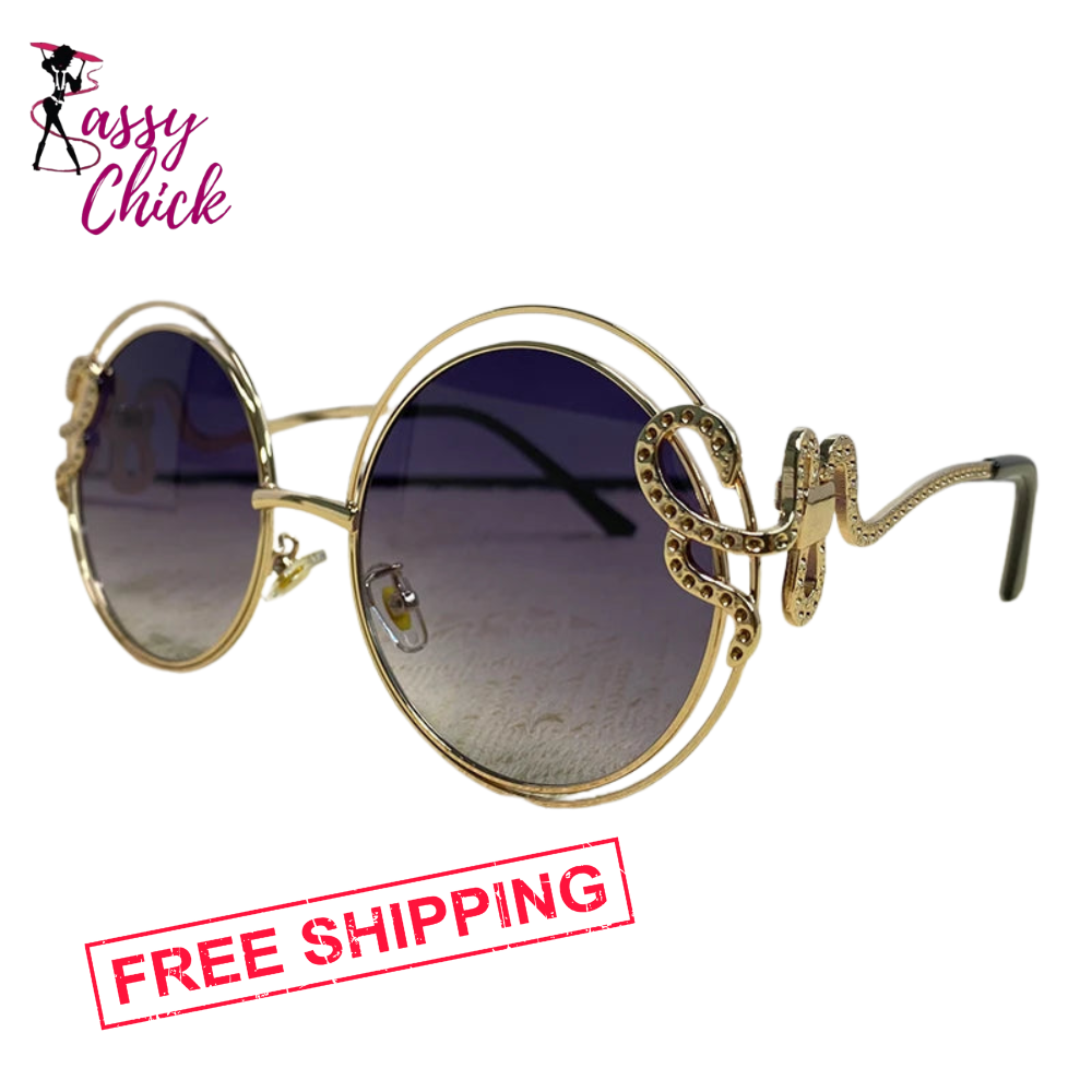 Metal Hollow Frame Round Sunglasses Sassy Chick Logo