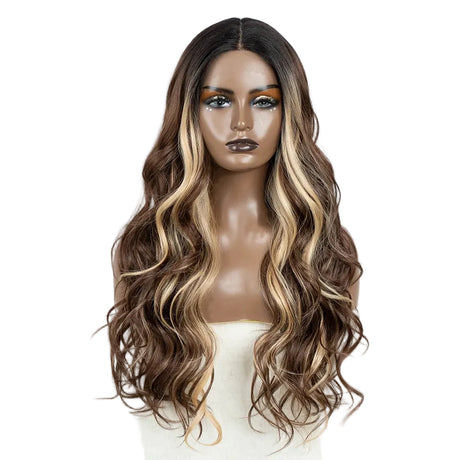 Brown Highlight Middle Part Long Wavy 30" Body Synthetic Lace Front Wigs