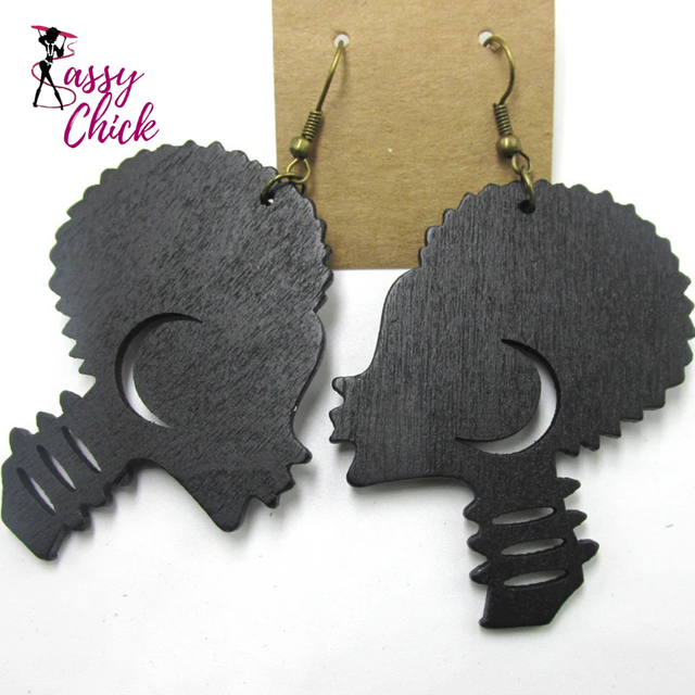 Minimalist African Girl Wooden Earrings Sassy Chick Logo