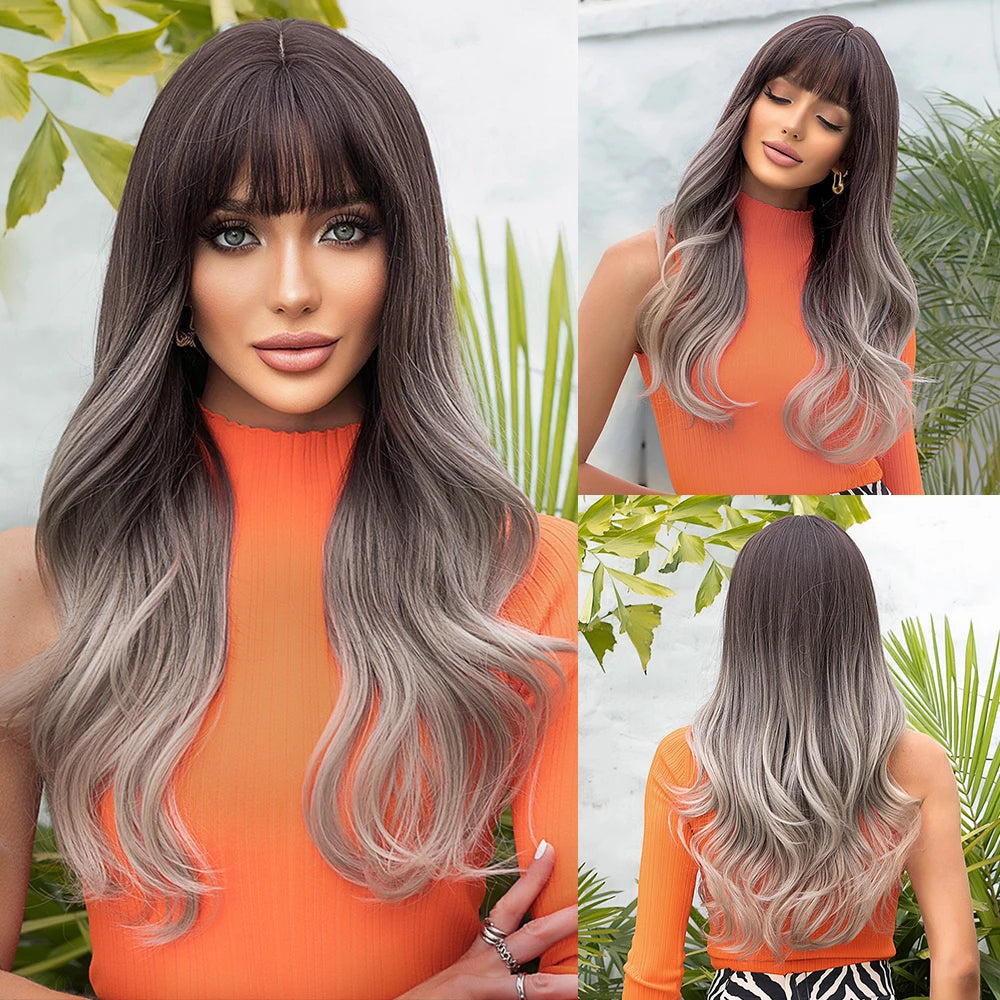 Mixed Gray Long Natural Wavy with Bang Synthetic Wigs