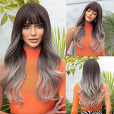 Mixed Gray Long Natural Wavy with Bang Synthetic Wigs