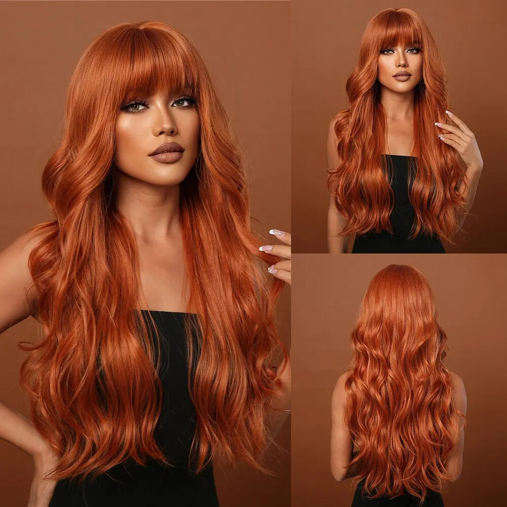 Orange Long Natural Wavy with Bang Synthetic Wigs