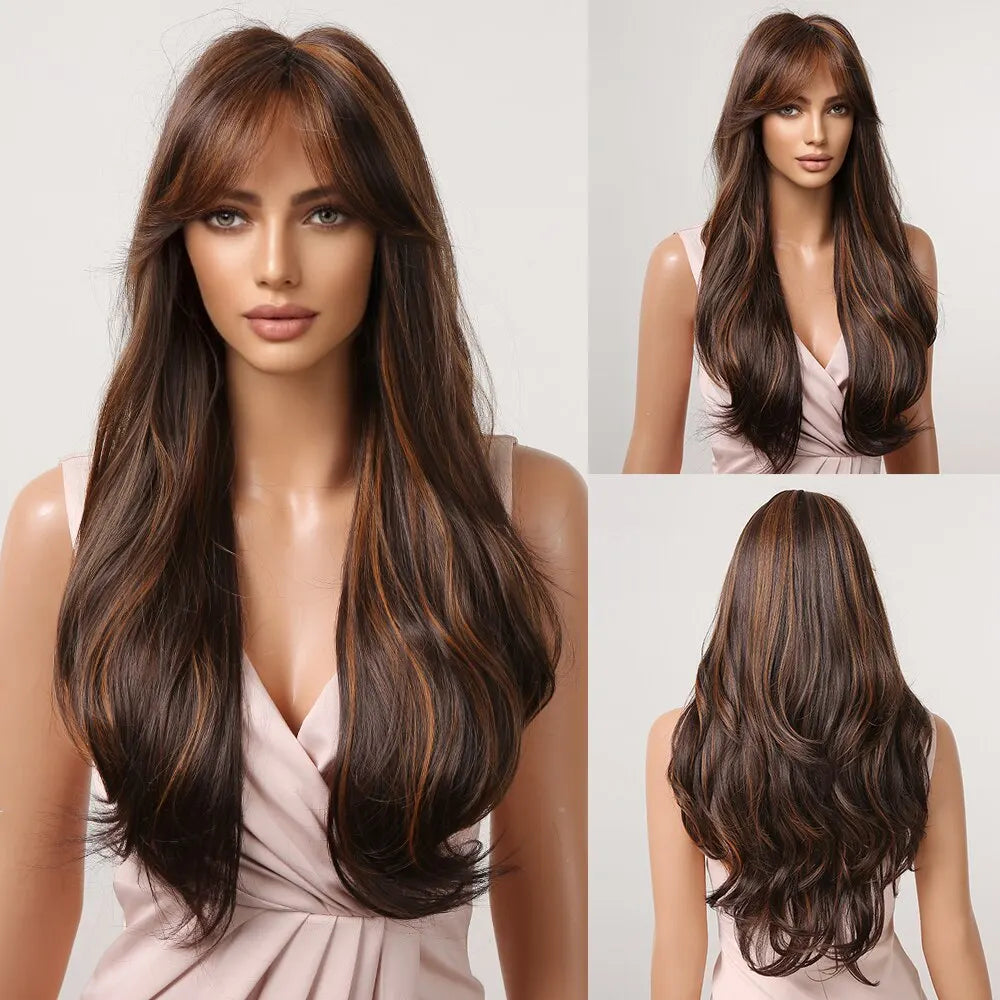 Mixed Blonde Long Natural Wavy with Bang Synthetic Wigs