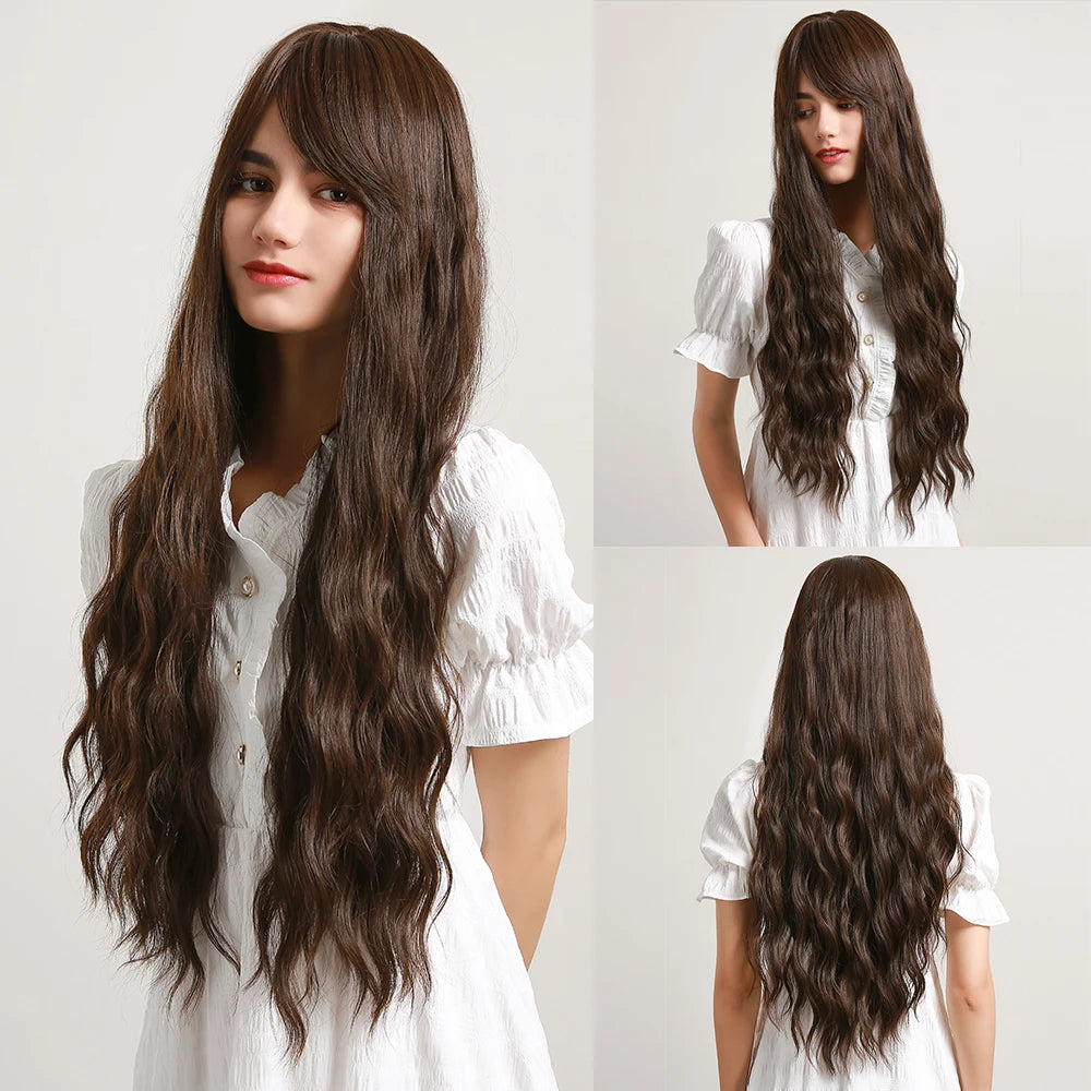Mixed Brown Long Natural Wavy with Bang Synthetic Wigs