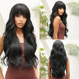 Black Long Natural Wavy with Bang Synthetic Wigs