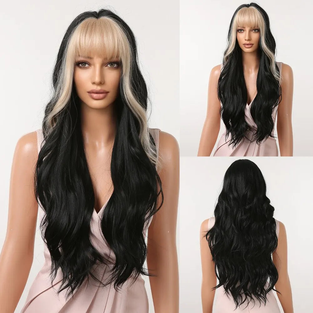 Black Mixed Blonde Long Natural Wavy with Bang Synthetic Wigs