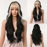 Black Mixed Blonde Long Natural Wavy with Bang Synthetic Wigs