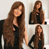 Brown Long Natural Wavy with Bang Synthetic Wigs