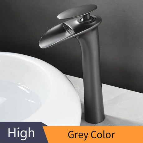 Modern white bathroom waterfall faucet with single hole design and hot/cold mixer