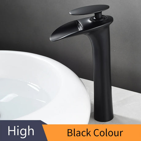 Modern white bathroom waterfall faucet with single hole design and hot/cold mixer