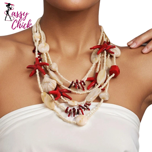 Multi-layer Statement Beaded Starfish Necklace Sassy Chick Logo