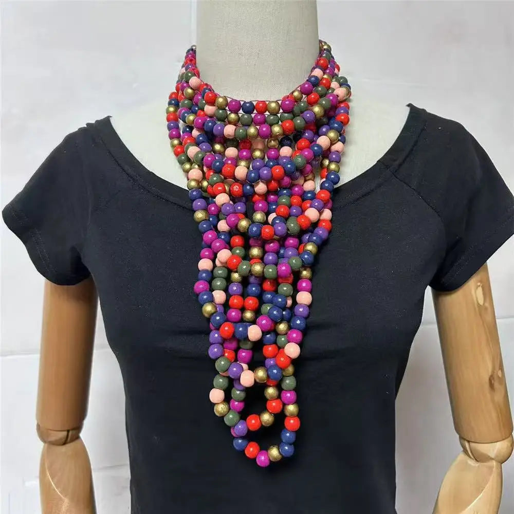 Colorful Multi Layer Wood Bead Statement Necklace Jewelry