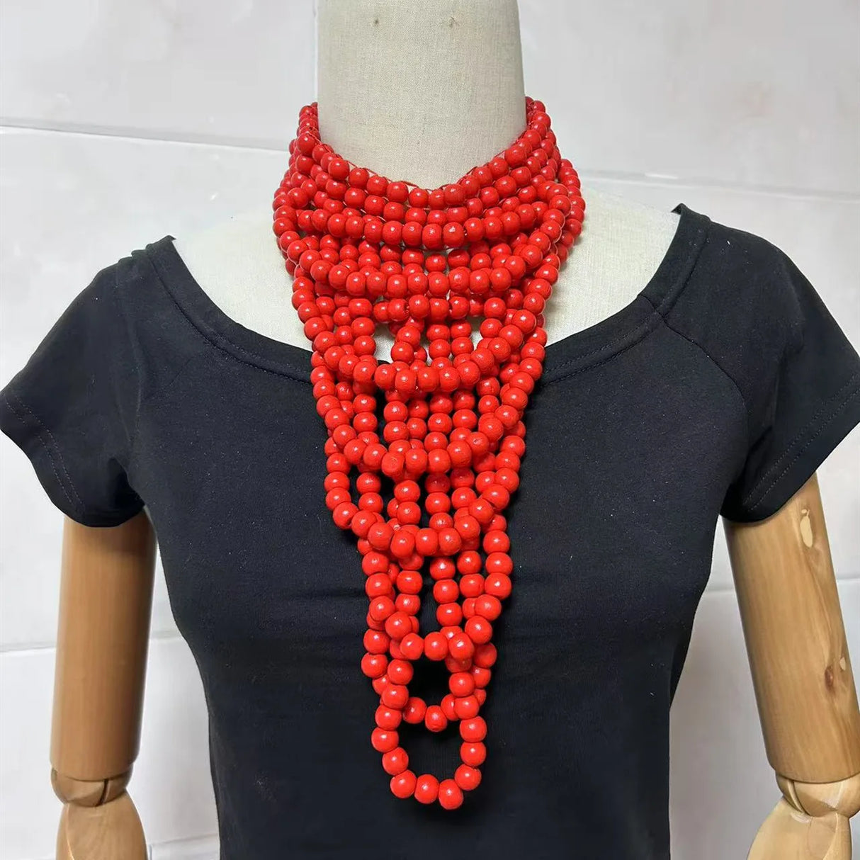 Red Multi Layer Wood Bead Statement Necklace Jewelry