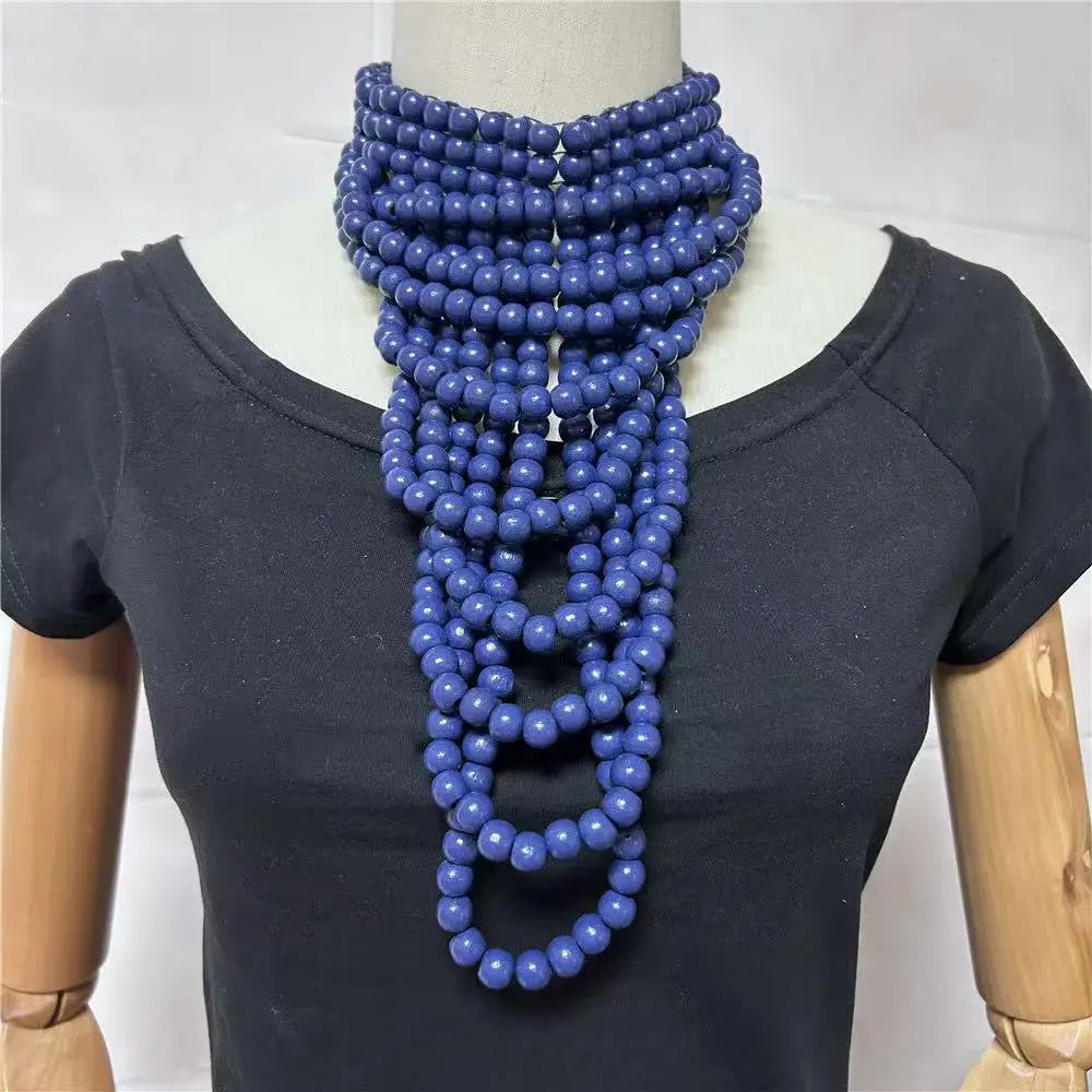Blue Multi Layer Wood Bead Statement Necklace Jewelry