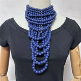 Blue Multi Layer Wood Bead Statement Necklace Jewelry