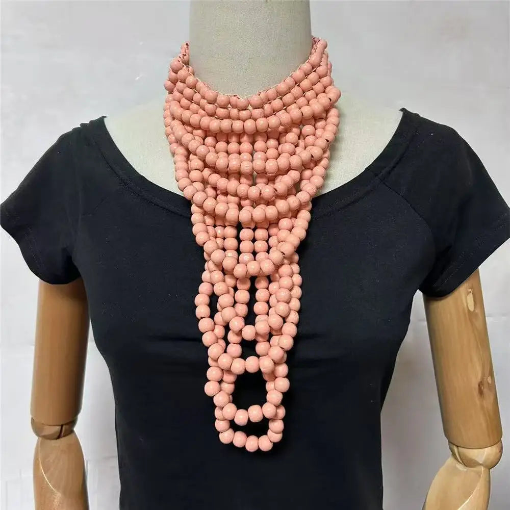 Pink Multi Layer Wood Bead Statement Necklace Jewelry