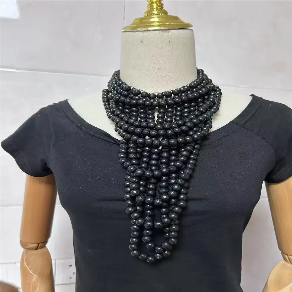 Black Multi Layer Wood Bead Statement Necklace Jewelry