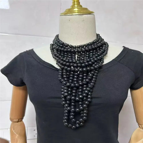 Black Multi Layer Wood Bead Statement Necklace Jewelry