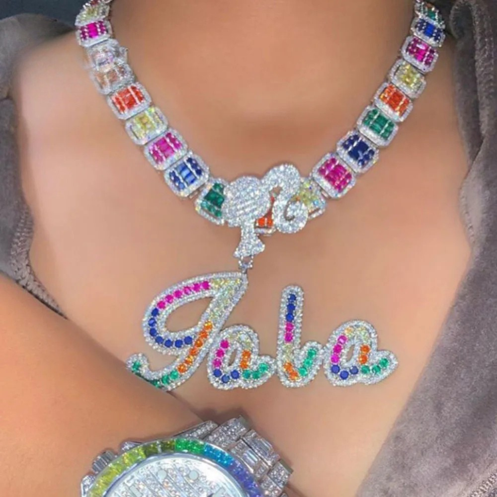Model using Multicolor Custom Brush Cursive Letter Icy Girl Necklace