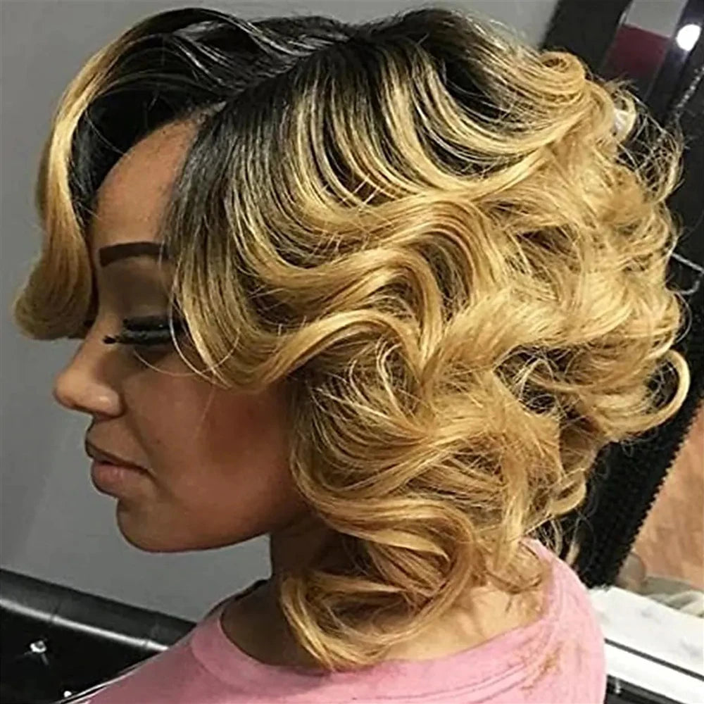 Model Using Natural 12 Inch Short Black Gradient Gold Synthetic Wigs