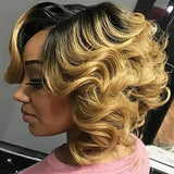 Model Using Natural 12 Inch Short Black Gradient Gold Synthetic Wigs
