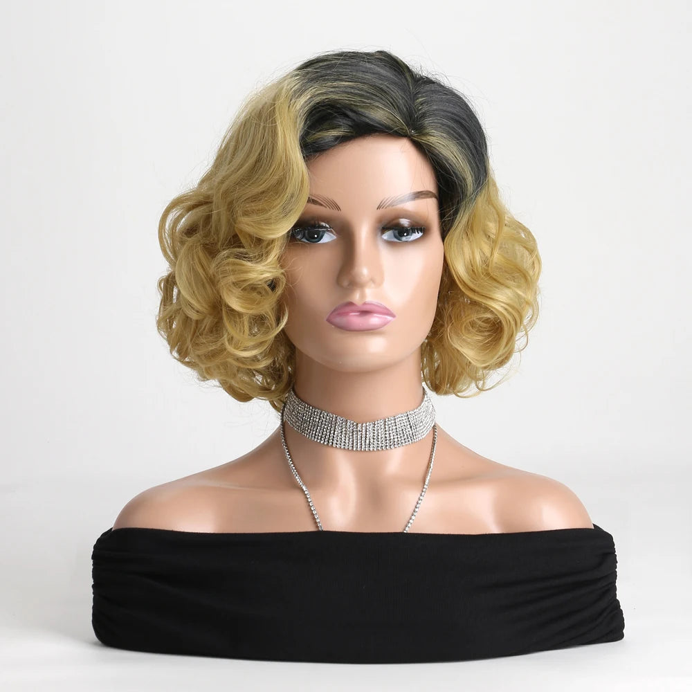 Natural 12 Inch Short Black Gradient Gold Synthetic Wigs