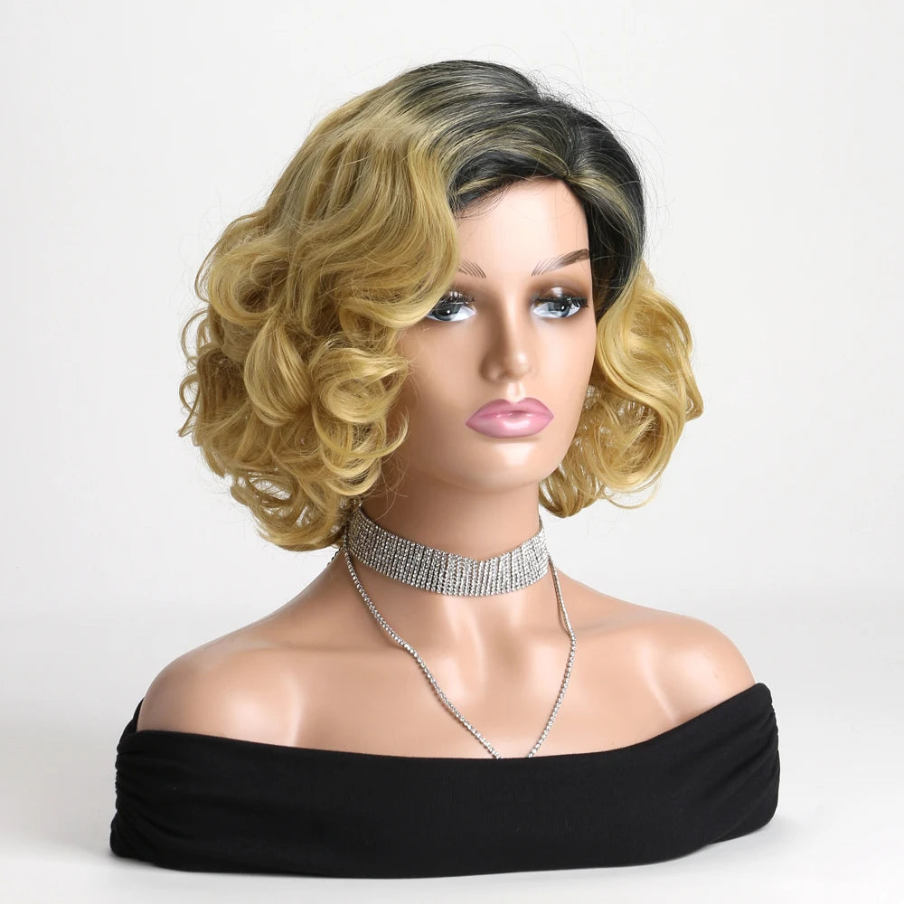 Natural 12 Inch Short Black Gradient Gold Synthetic Wigs