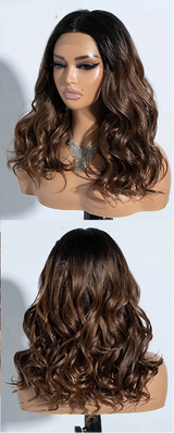 Brown Natural Curly Wavy Highlight Synthetic Lace Front Wigs