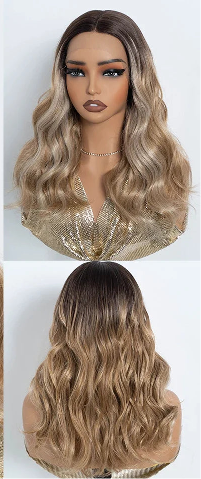 Brown Natural Curly Wavy Highlight Synthetic Lace Front Wigs