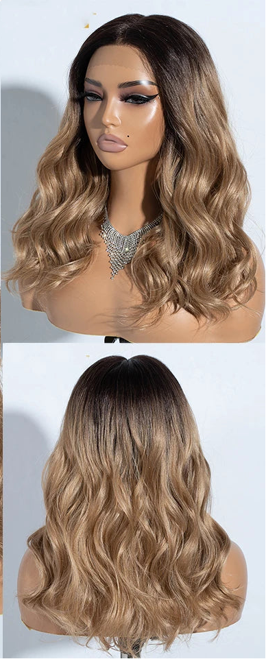 Brown Natural Curly Wavy Highlight Synthetic Lace Front Wigs