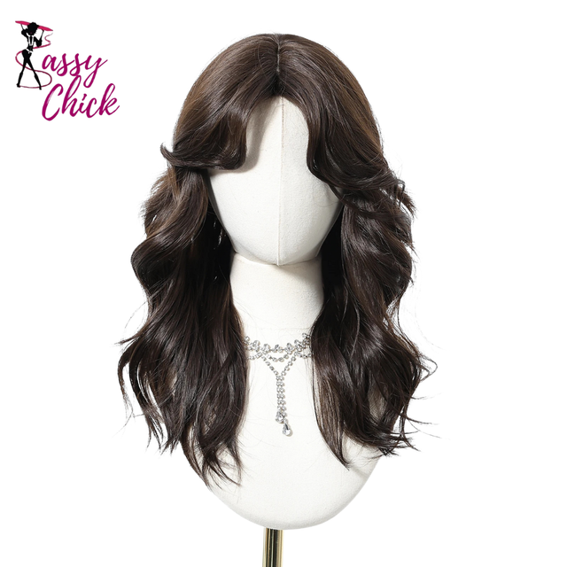 Natural Dark Brown Medium Length Wavy Synthetic Wigs Sassy Chick Logo