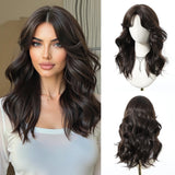 Natural Dark Brown Medium Length Wavy Synthetic Wigs