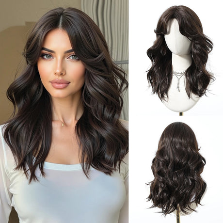 Natural Dark Brown Medium Length Wavy Synthetic Wigs