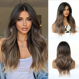 Natural Dark Brown Medium Length Wavy Synthetic Wigs