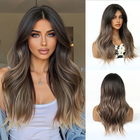 Natural Dark Brown Medium Length Wavy Synthetic Wigs